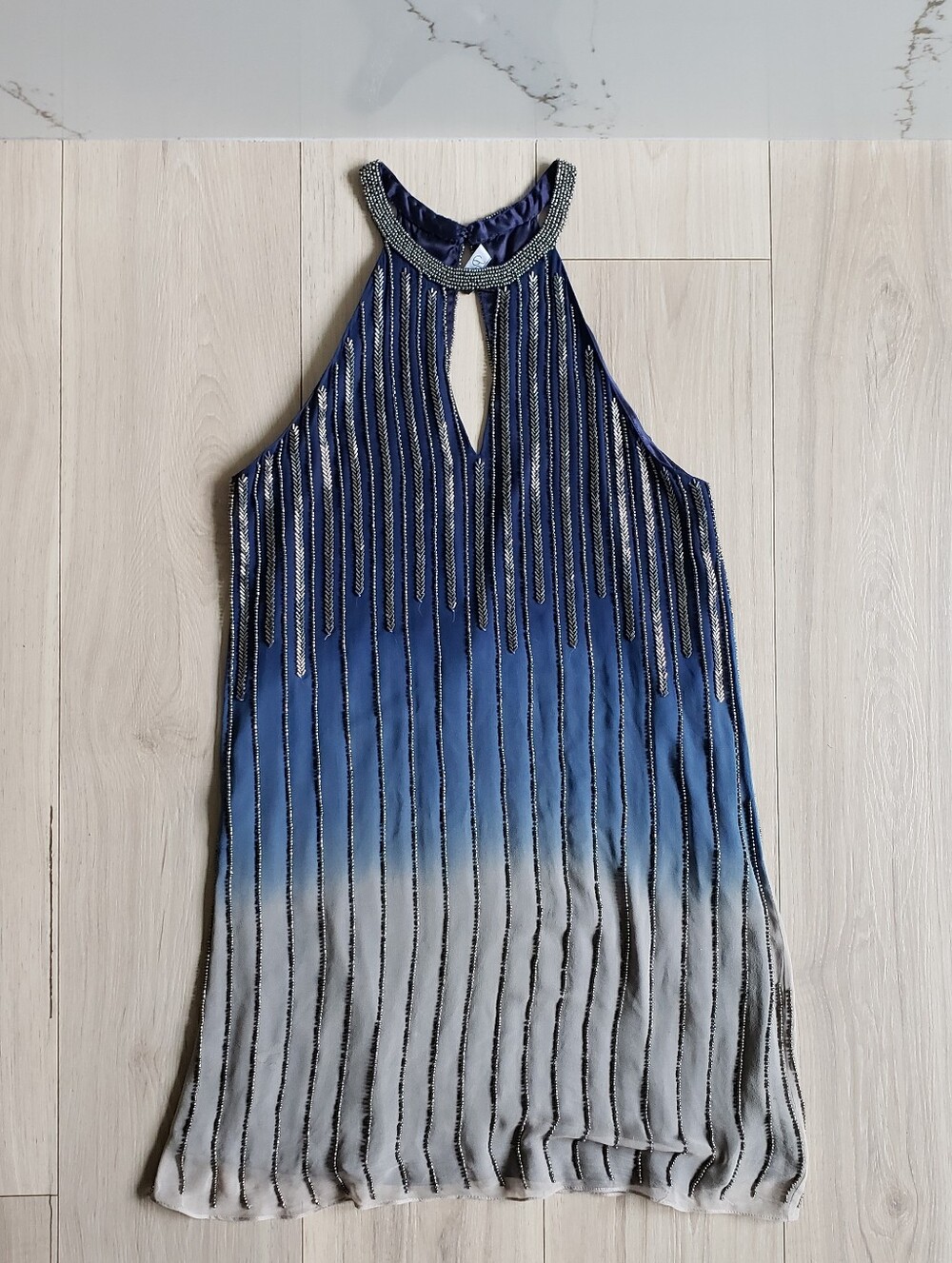 Parker Beaded Ombre Silk Halter Dress Navy to Gray‎